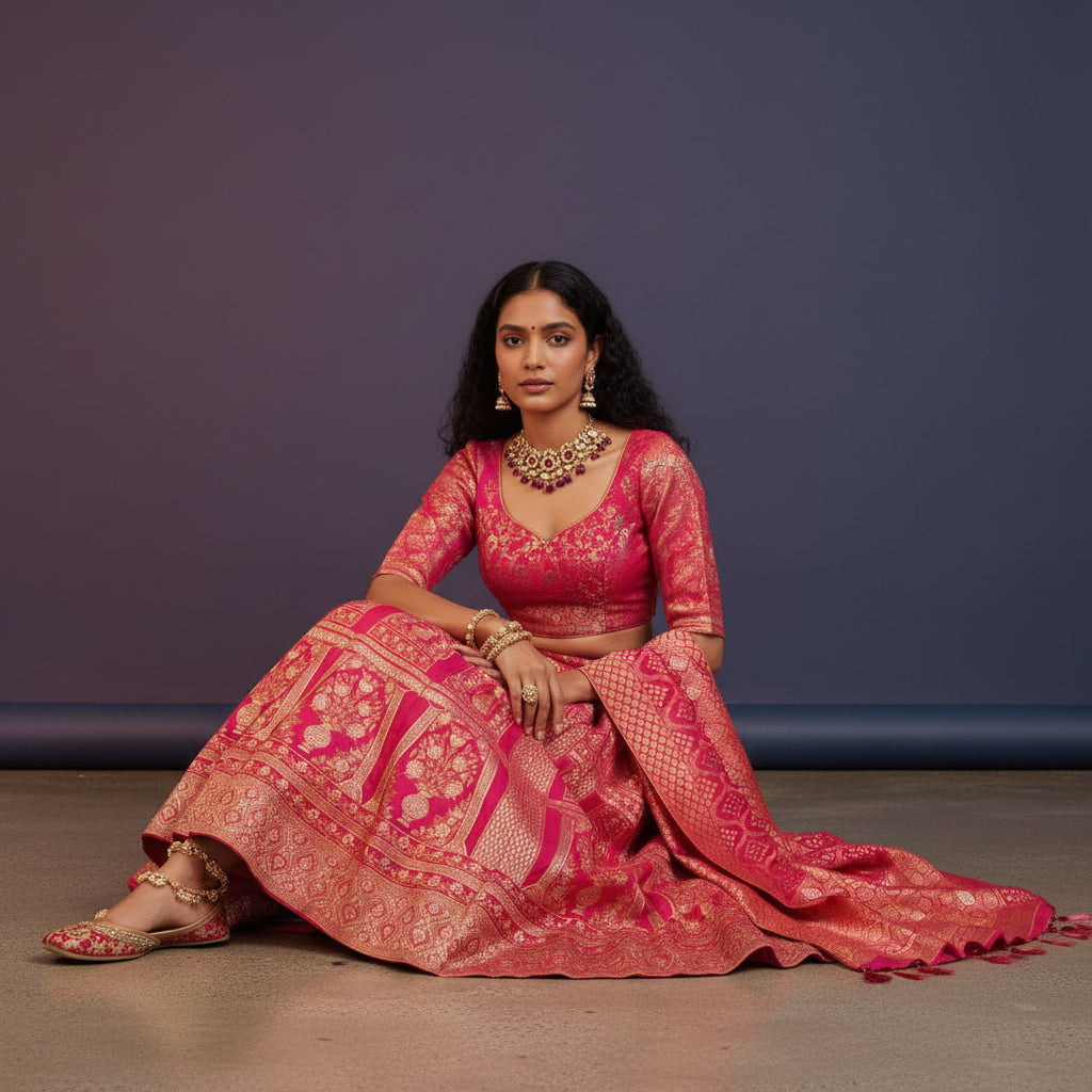 Heavy Banarasi Silk Lehenga Geometric Patterns