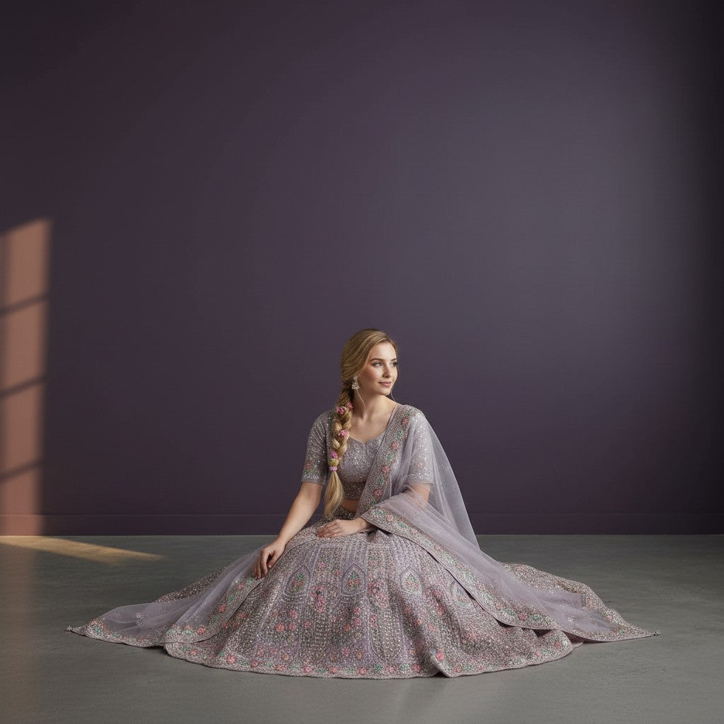 Lilac Organza Silk Blend Designer Lehenga with Gota Patti and Mirror Embroidery Pastel Floral Accents