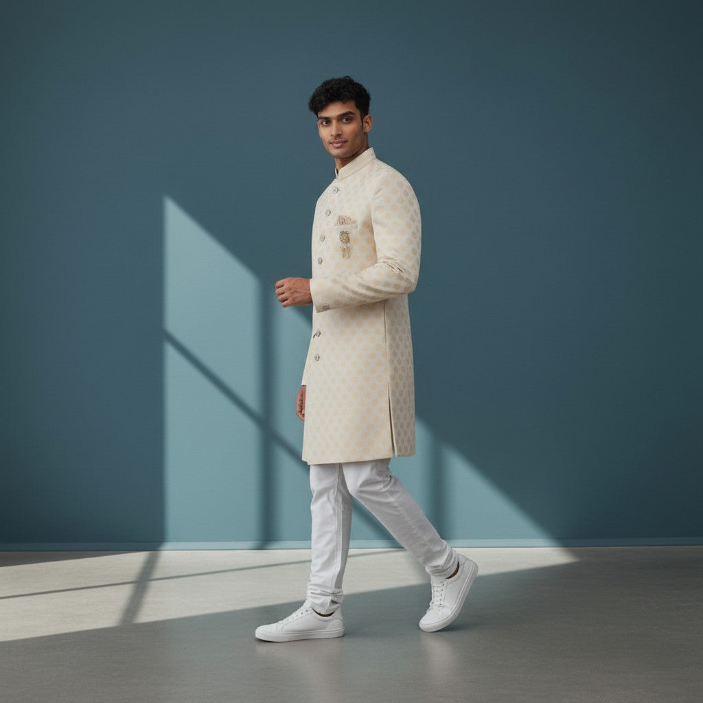 A Cream Self Design Sherwani