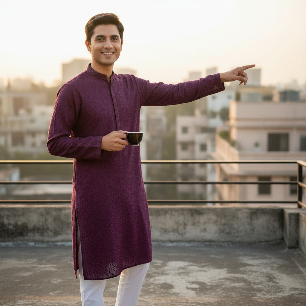 Men's Purple Kurta Set with Kuttu Borders