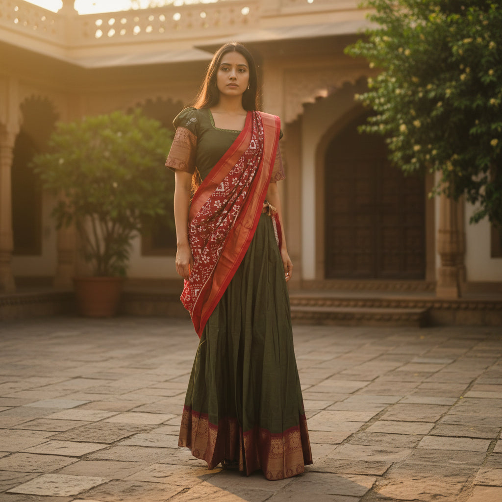 Silk Lehenga with Ikkat Duppata