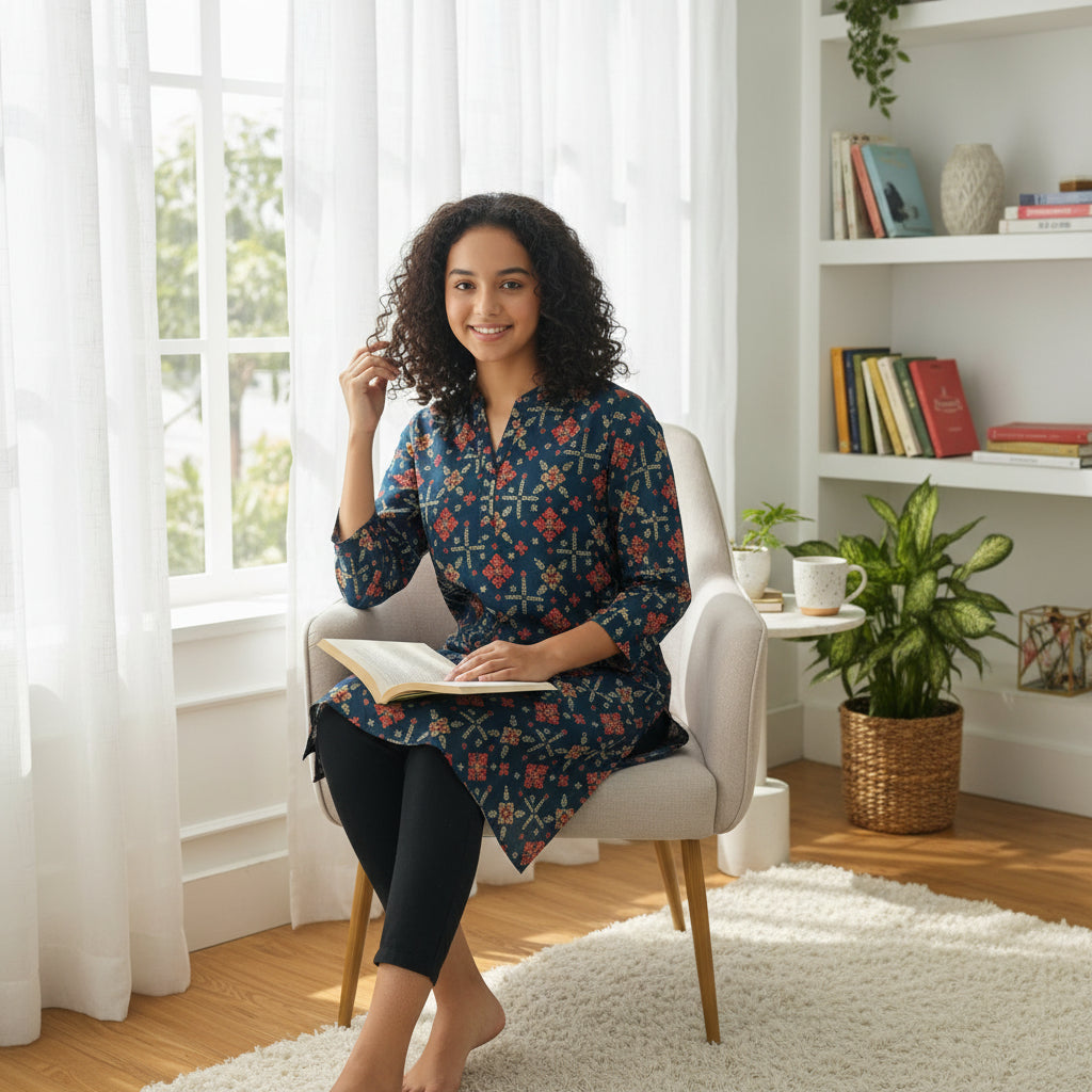 Cotton Tunic V-neck Button Placket