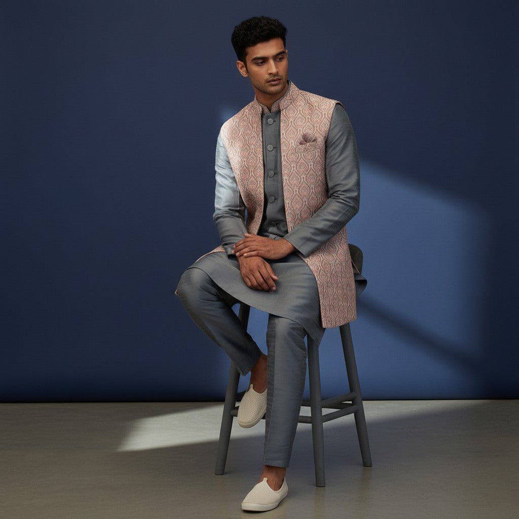 Gray Kurta Pant Set with Pink Vest for Men