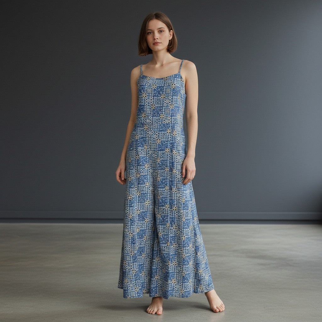 Sleeveless Spaghetti Strap Jumpsuit with Geometric Block Print