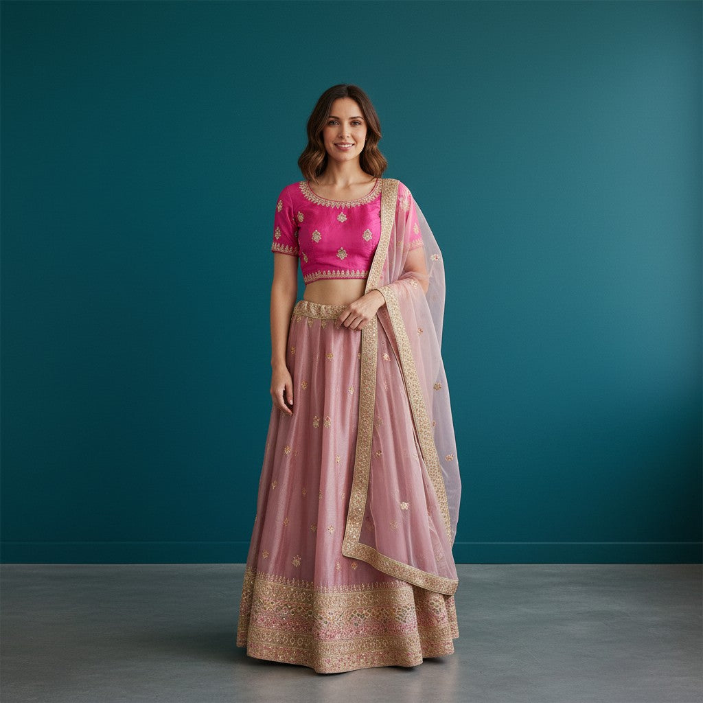 Rani Pink & Mauve Tissue Lehenga with Gold Zardosi Embroidery