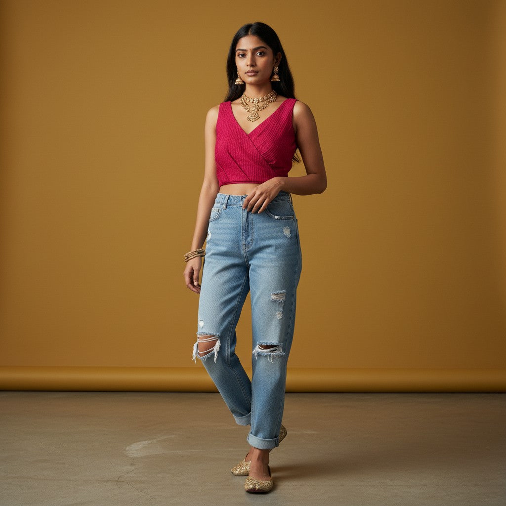 Sleeveless Crossover Wrap-Style Crinkle Georgette Blouse - Deep Red