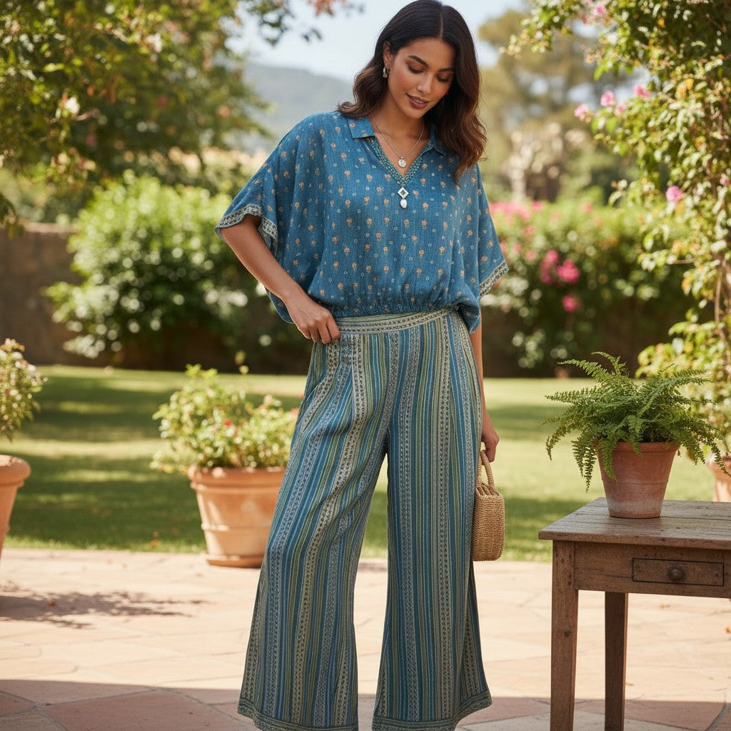 Short-Sleeve Jumpsuit with Waist Tie, Collar, and Floral/Striped Pattern