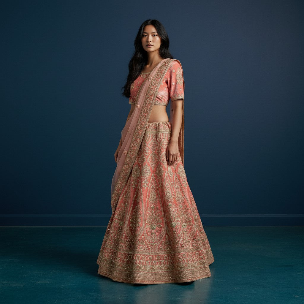 Luxurious Velvet Lehenga with Heavy Gold Zari Embroidery and Floral Motifs - Includes Sheer Net Dupatta