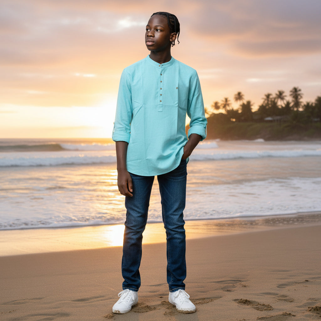 Men's Sky Blue Linen Cotton Half Kurta