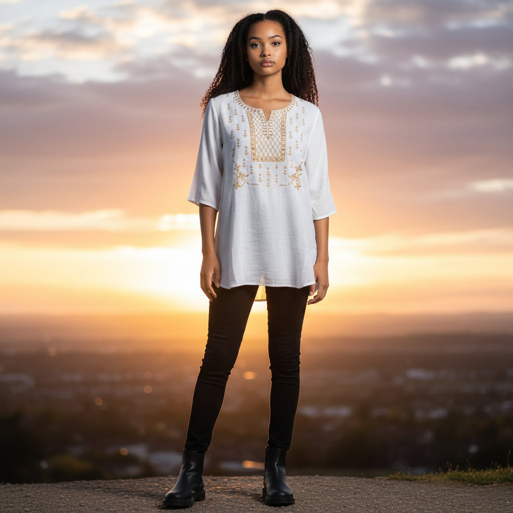 Pale Yellow Mirror Embroidered Tunic