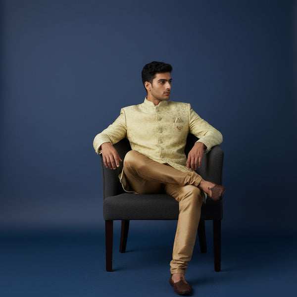 A Yellow Colored Self Design Sherwani