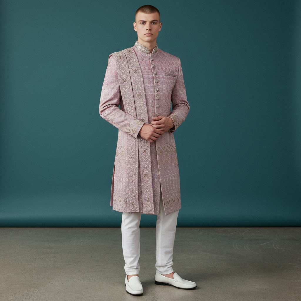 Pink Embroidered Men's Sherwani with Duppata