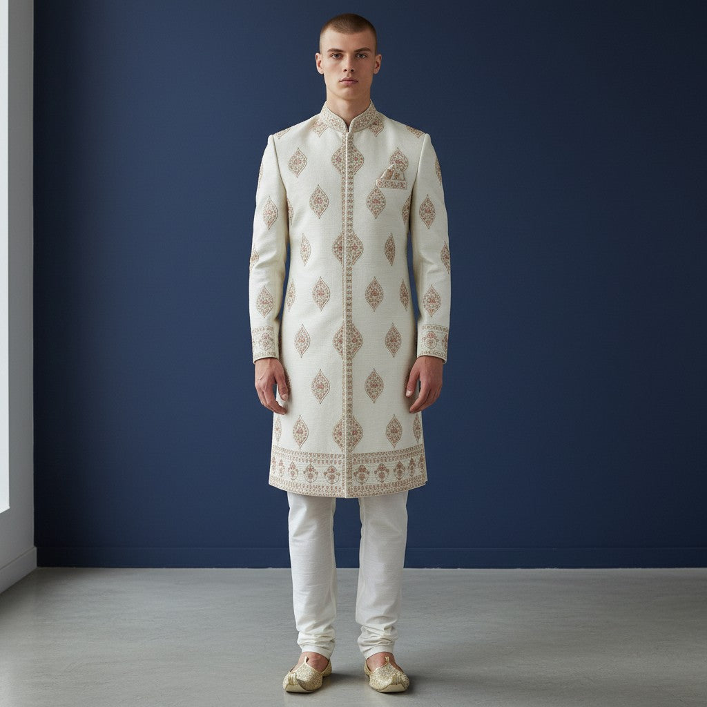 Cream Colored Self Design Men Sherwani