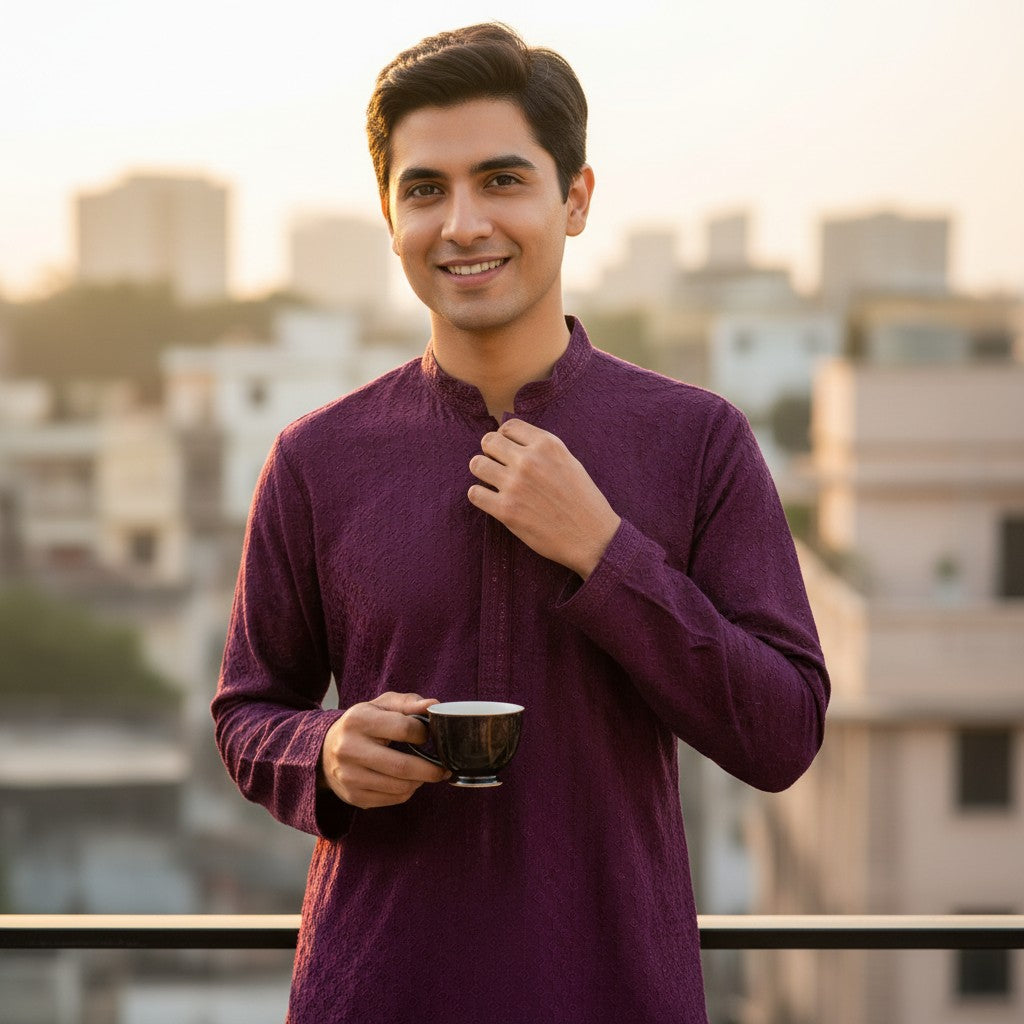 Men's Purple Kurta Set with Kuttu Borders