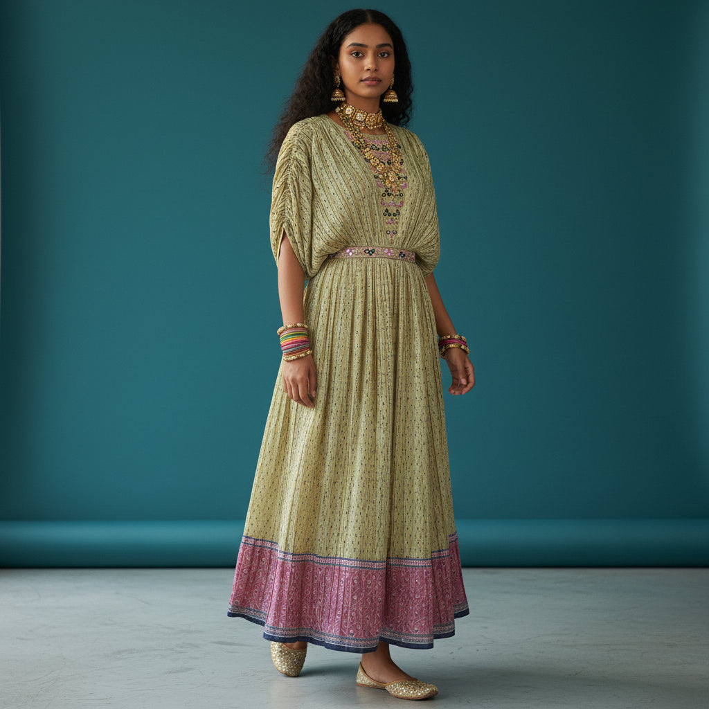 Pleated Textured Fabric with Checkered Print Accents Kurta Set