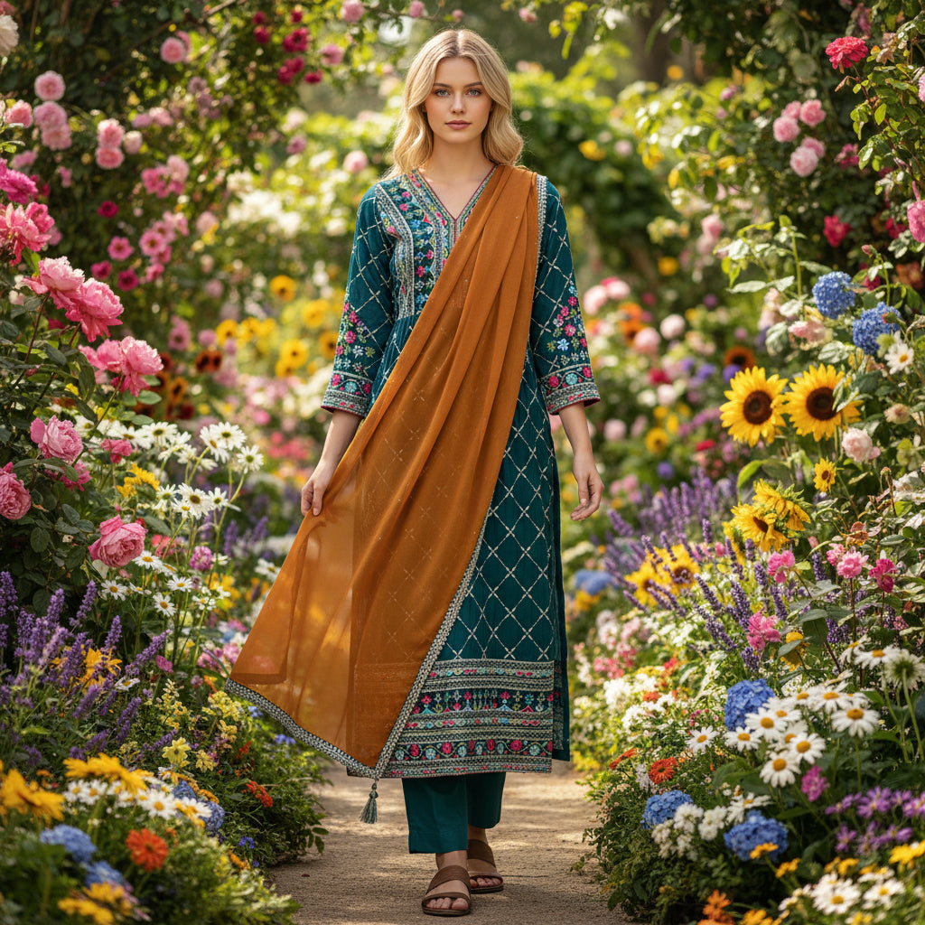 Faux Georgette Kurta Set Deep V-neck Dressy