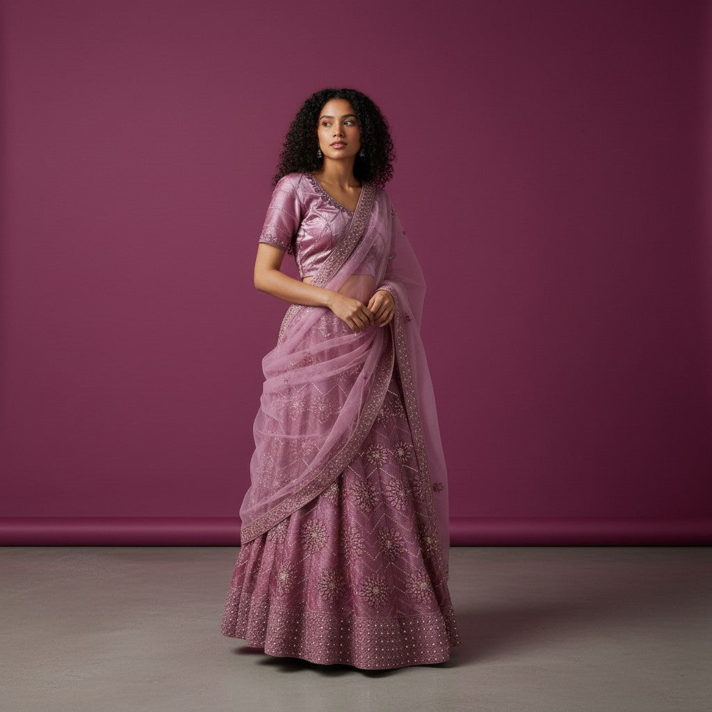 Lavender Embroidered Saree with Floral Pallu and Sequined Blouse