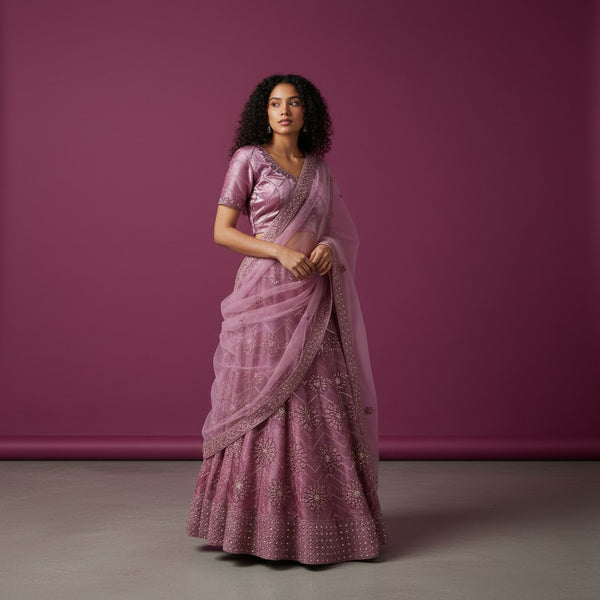 Lavender Embroidered Saree with Floral Pallu and Sequined Blouse