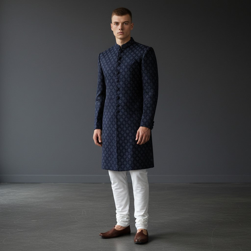 Blue Self Design Men's Sherwani with Nehru Jacket