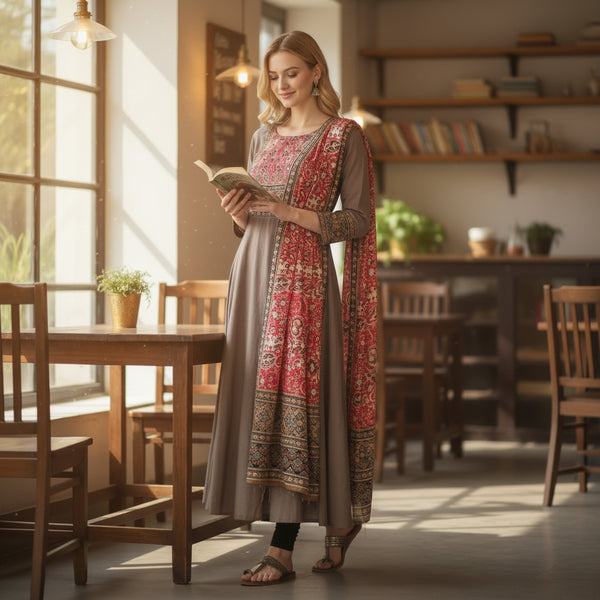 Brocade Style Fabric Kurta Set with Thread Work in Mocha Brown