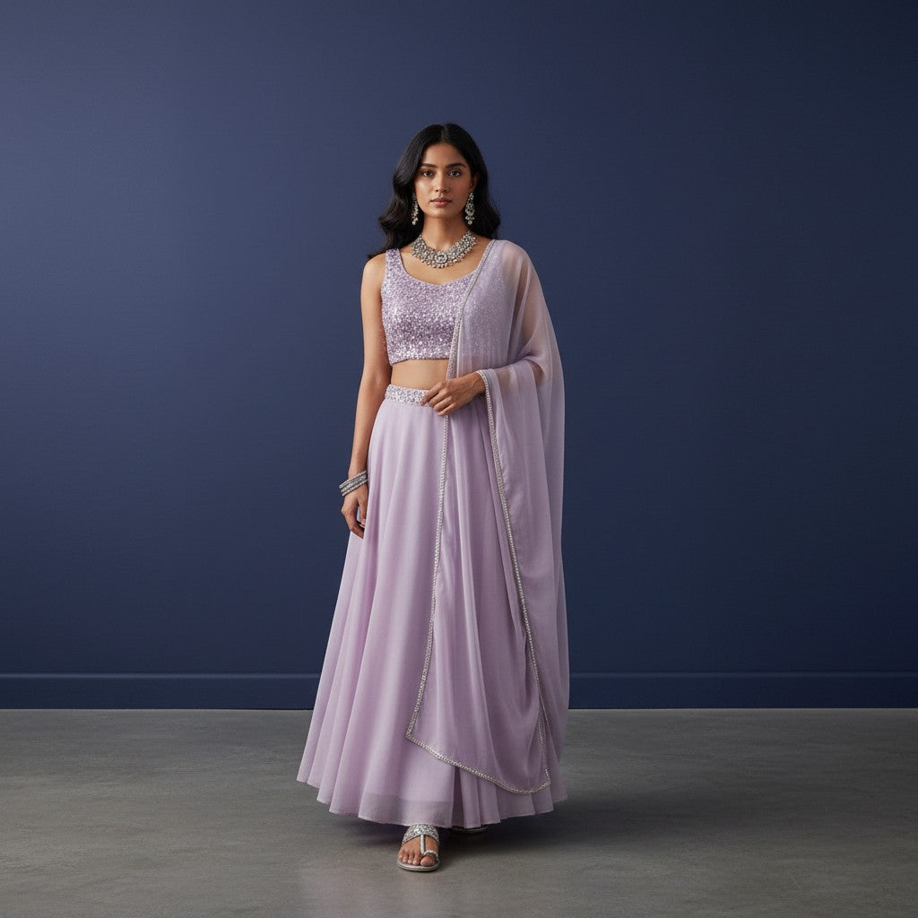 Heavily Sequined Sleeveless Blouse with Skirt