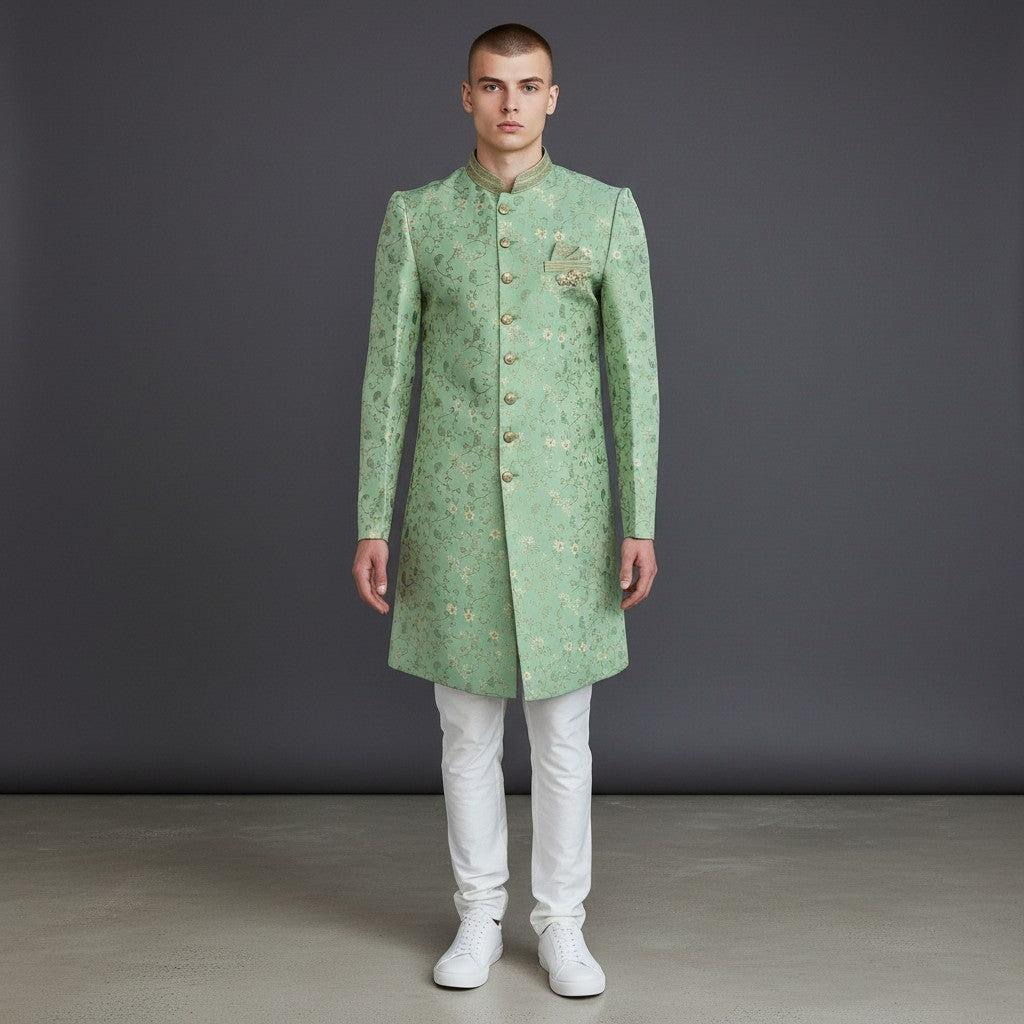 Light Green and Gold Embroidered Men's Sherwani