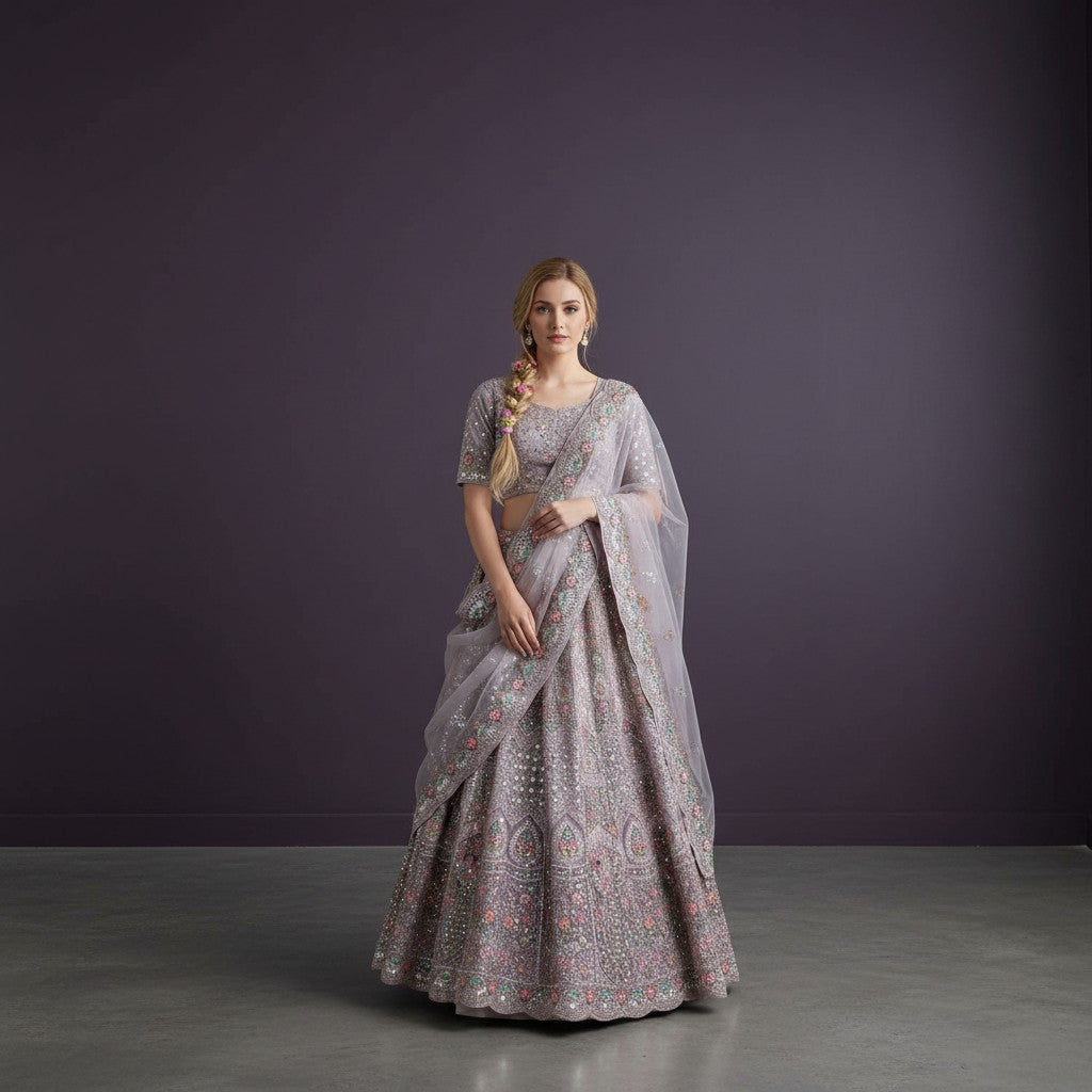 Lilac Organza Silk Blend Designer Lehenga with Gota Patti and Mirror Embroidery Pastel Floral Accents