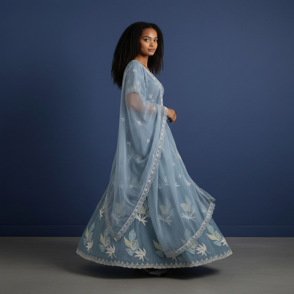 Aurorea Sage Green Lehenga with Floral Thread Work & Butterfly Motifs