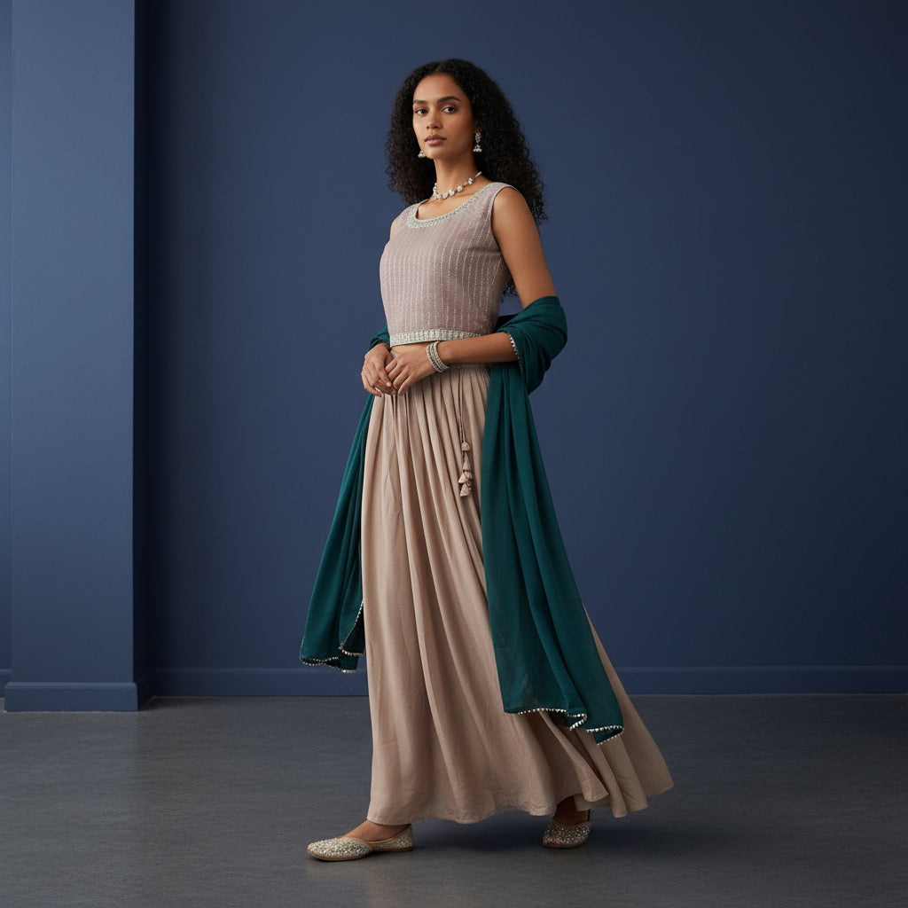 Textured Georgette Long Jacket Over Floor-length Dress