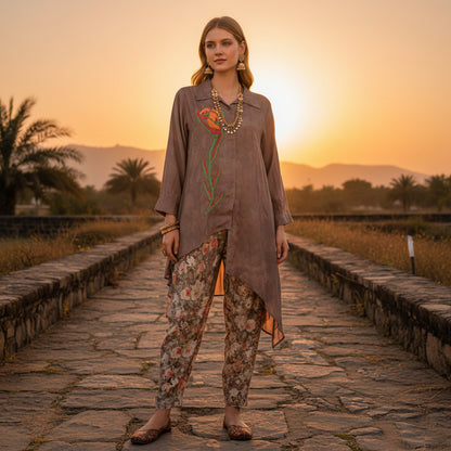 Satin Finish Poly Asymmetrical Long-Line Shirt and Tapered Pants