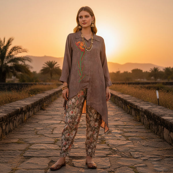 Satin Finish Poly Asymmetrical Long-Line Shirt and Tapered Pants