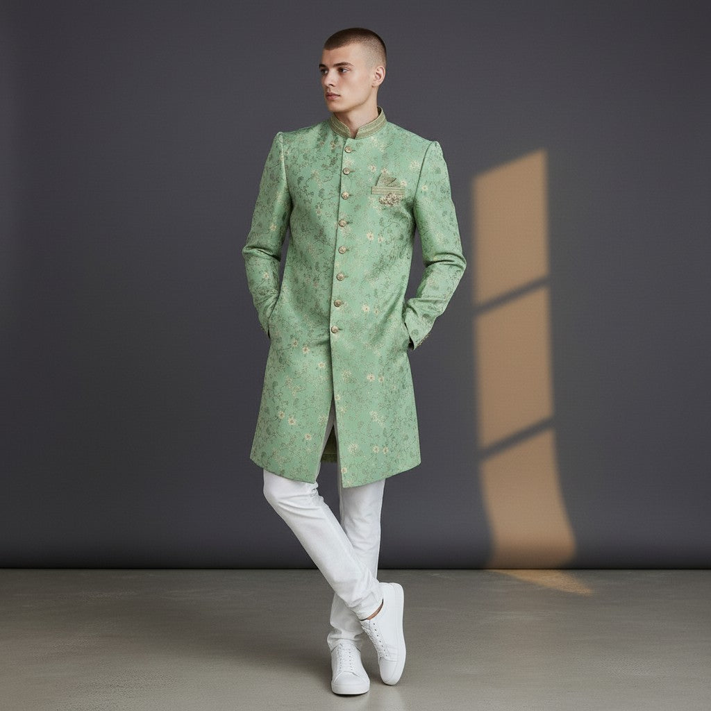 Light Green and Gold Embroidered Men's Sherwani