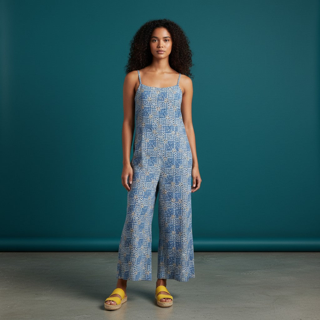 Sleeveless Spaghetti Strap Jumpsuit with Geometric Block Print