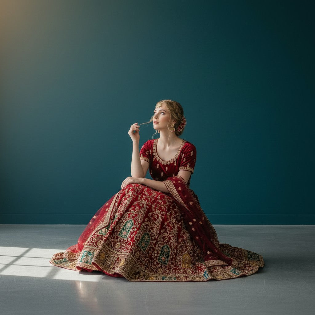 Elegant Burgundy Velvet Lehenga with Jharokha & Peacock Embroidery