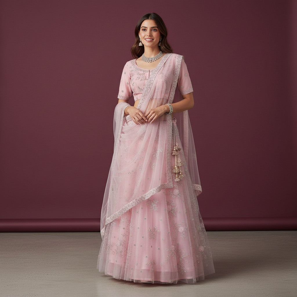 Delicate 3-piece Ghagra Choli set with floral sequin embroidery and matching net dupatta with pearl tassels