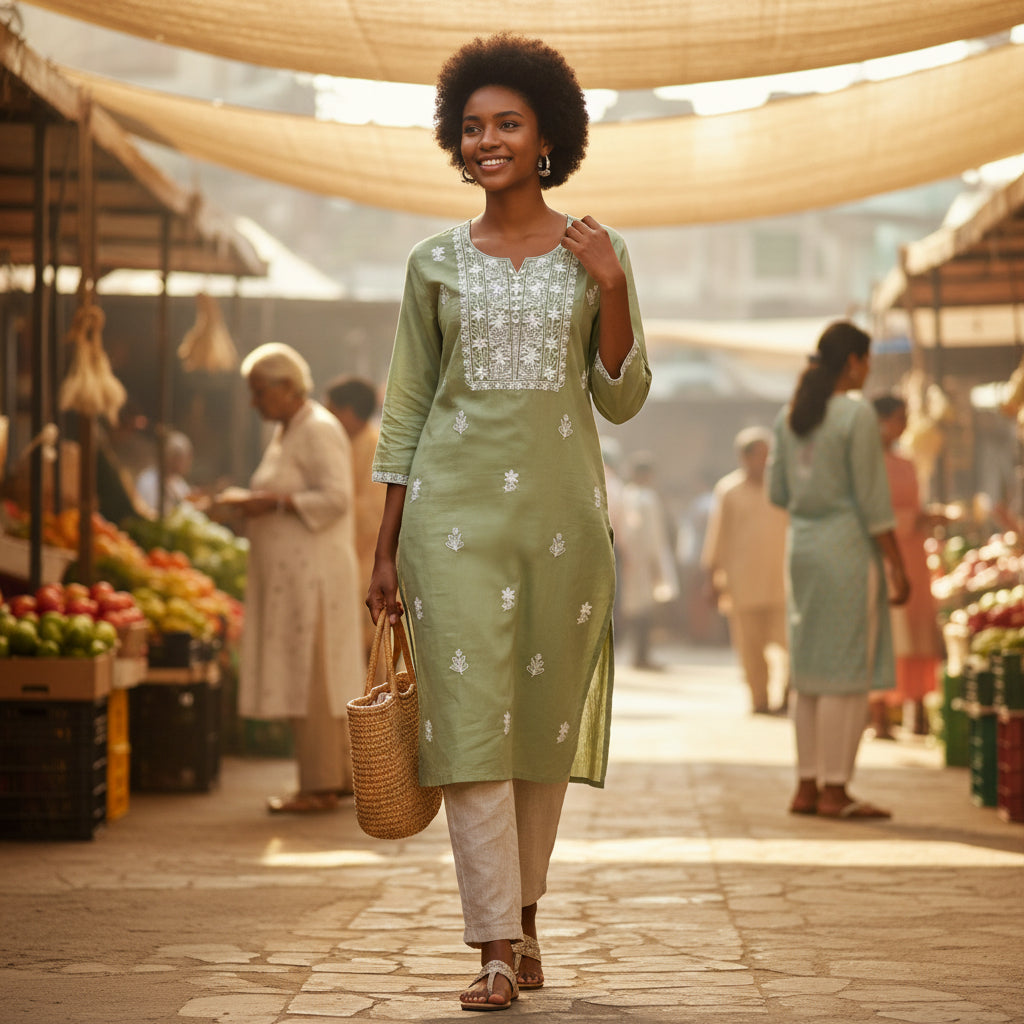 Sage Green Straight-Cut Kurta with White Chikankari Embroidery