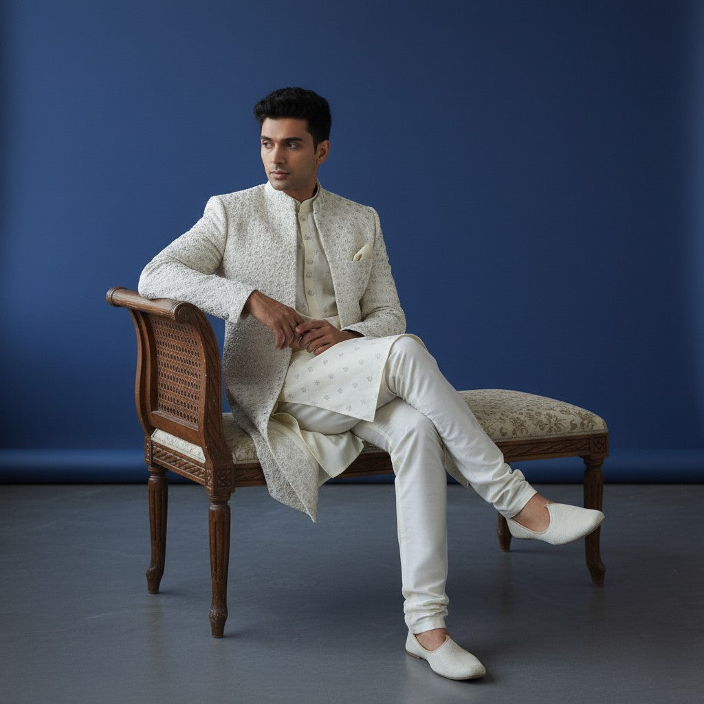A Cream Self Design Open Jacket Sherwani