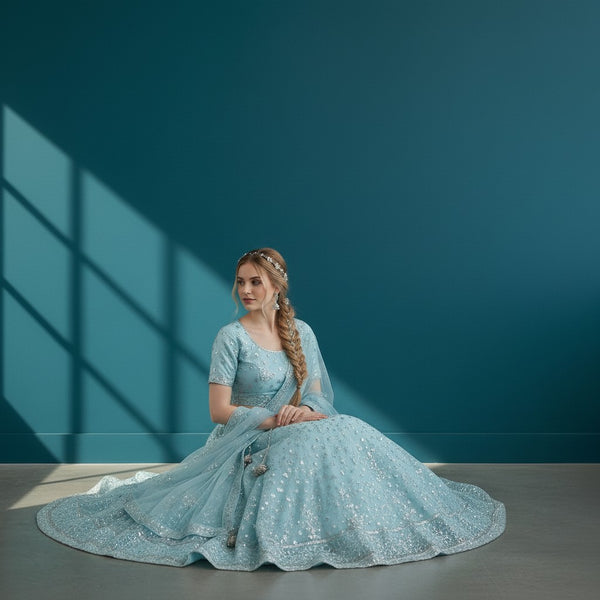 Elegant Icy Blue Sequin Embroidered Lehenga Choli
