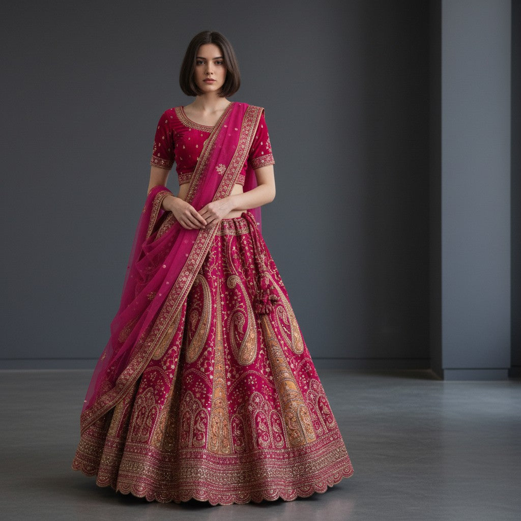 Vibrant Magenta Lehenga Choli with Gold Embroidery and Translucent Dupatta