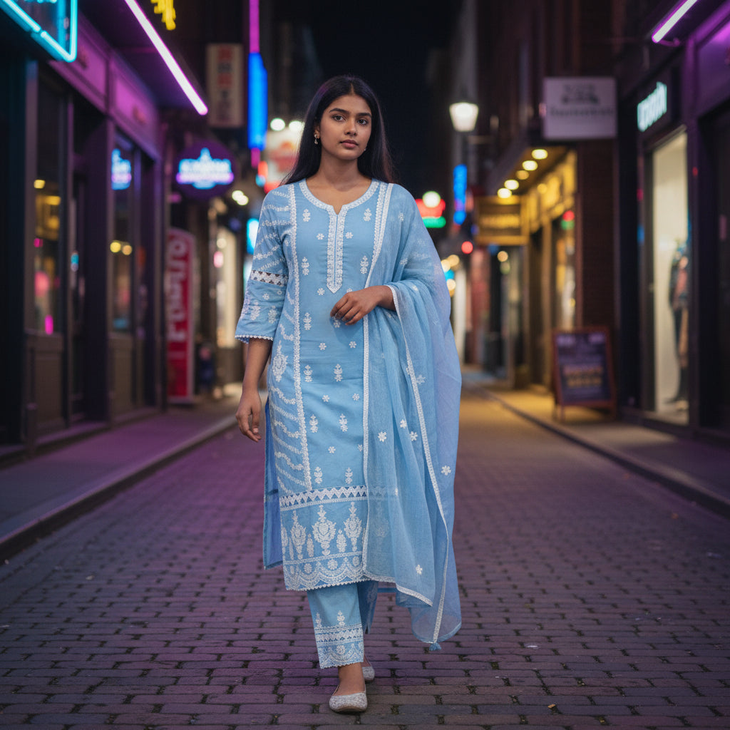 White Chikankari Cotton Lays on Sleeves Kurti Set