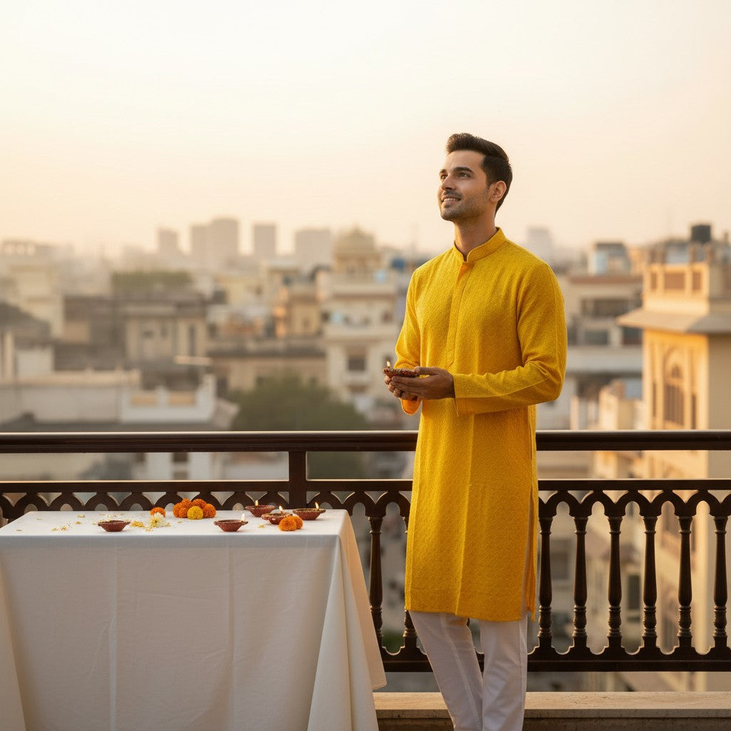 Men's Yellow Chikankari Embroidered Sequinned Kurta Set