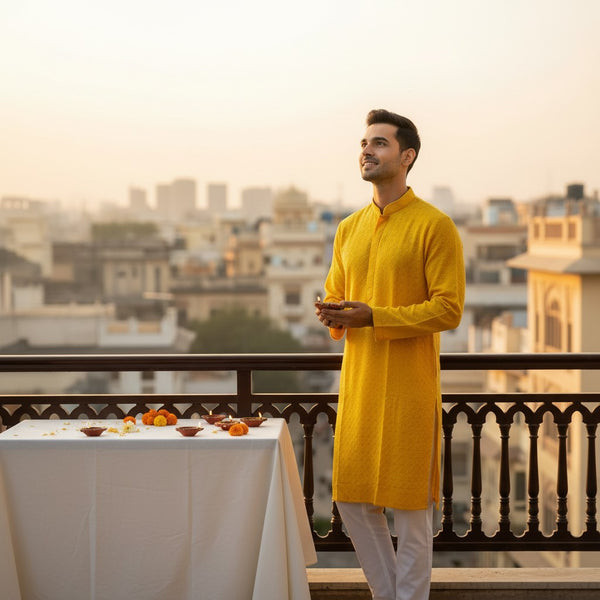 Men's Yellow Chikankari Embroidered Sequinned Kurta Set