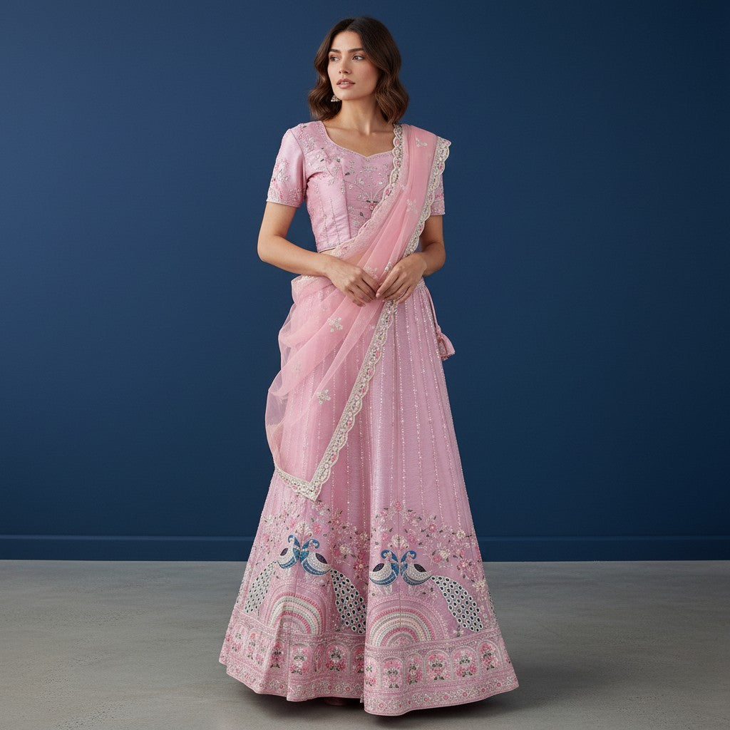 Vibrant Lehenga with Peacock Motif Embroidery and Light Pink Net Dupatta