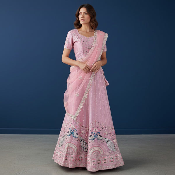 Vibrant Lehenga with Peacock Motif Embroidery and Light Pink Net Dupatta