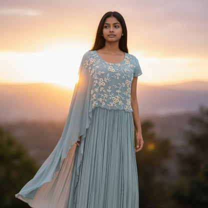 Chiffon Georgette Floor-Length Pleated Gown