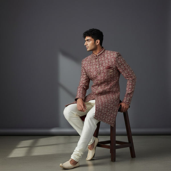 A Maroon colored Embroidered Sherwani