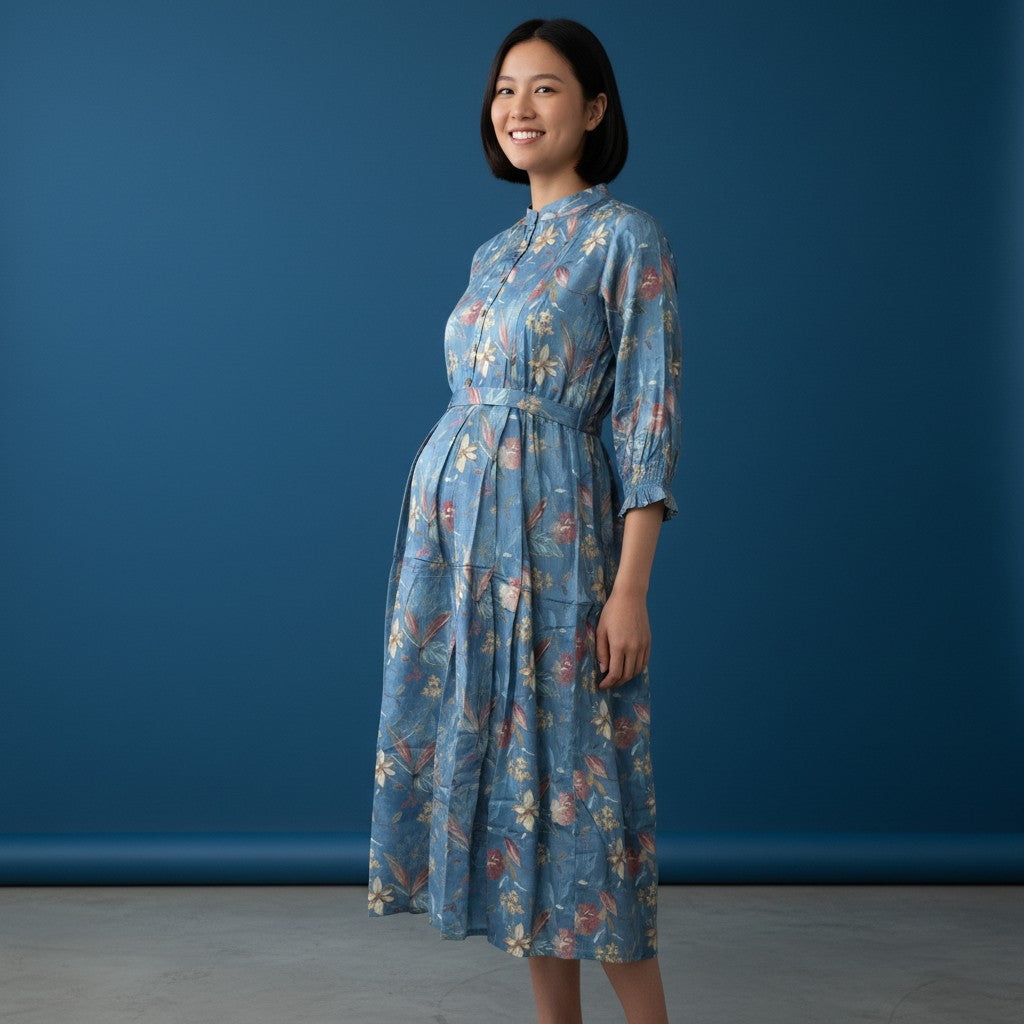Button-down floral midi dress with cinched waist and ruffles
