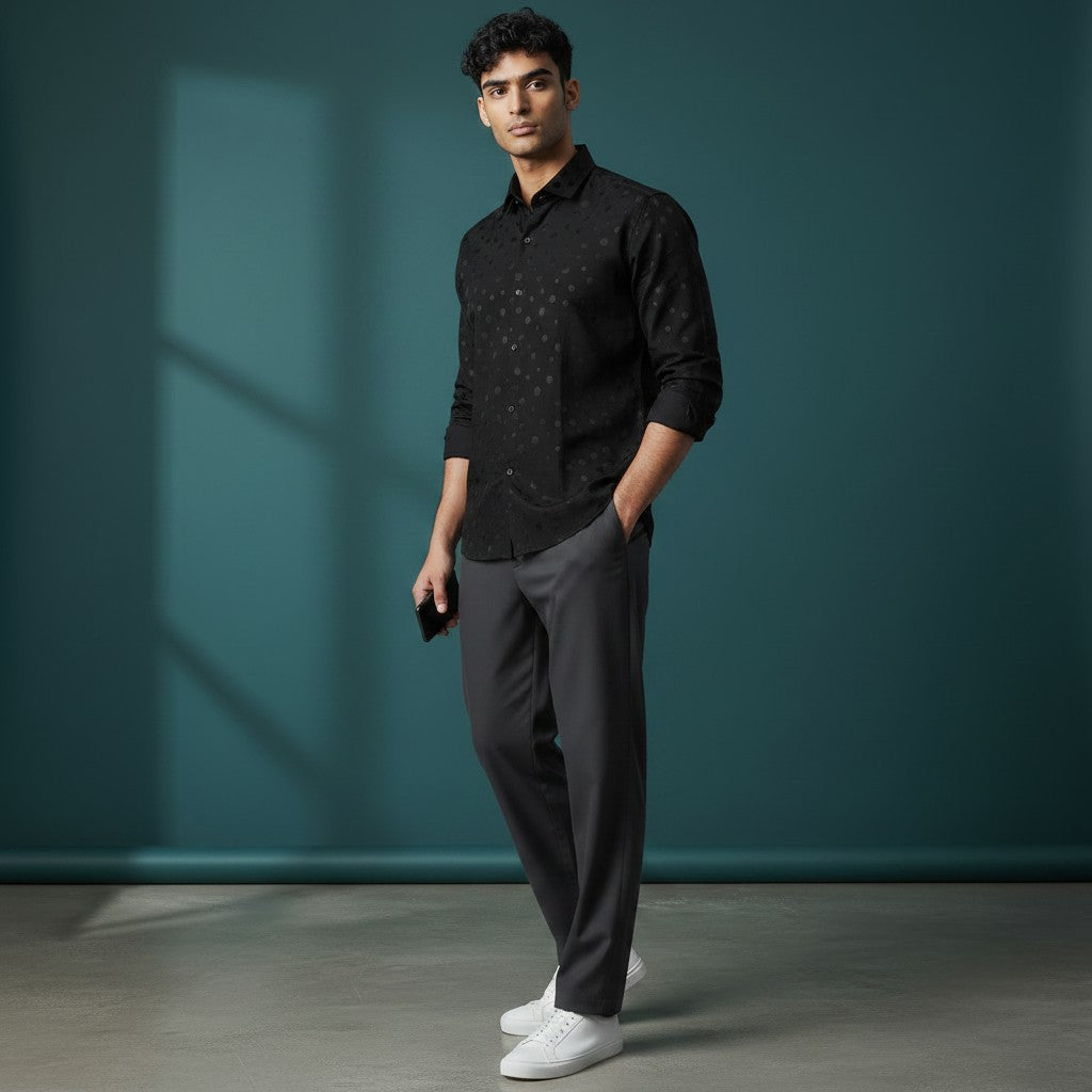 Men's Black Dotted Long-Sleeve Shirt