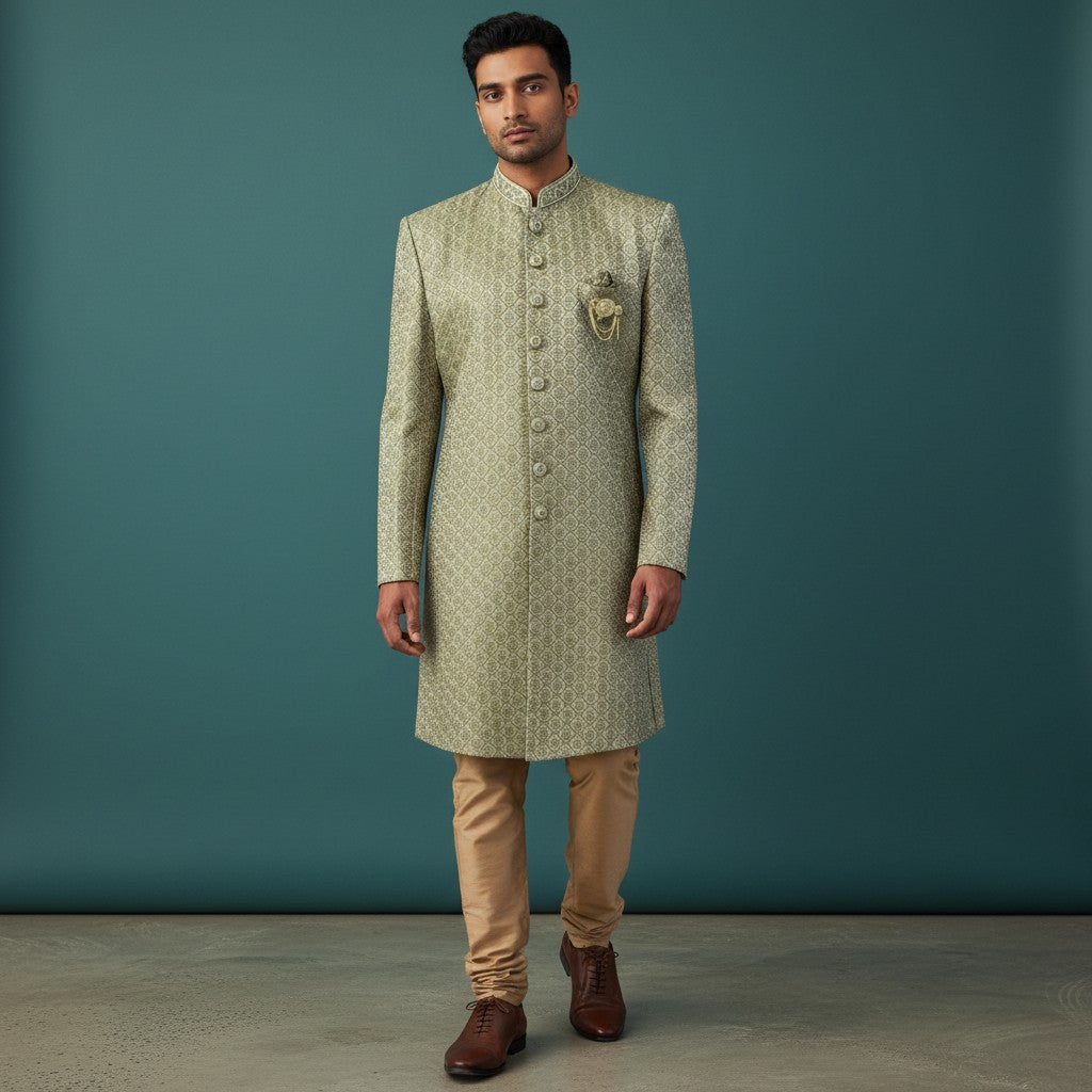 Green Embroidered Sherwani Kurta Set for Men