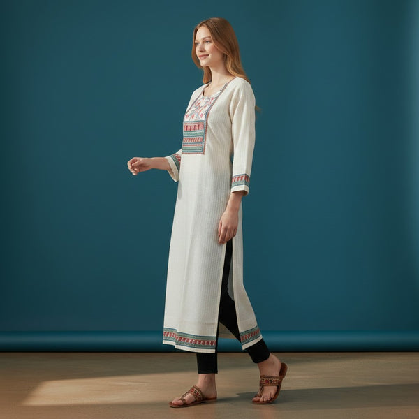 Ladies Kurti - Cream with Textured Stripes and Decorative Border